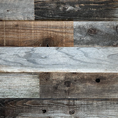 Barnwood mix reclaimed redwood S3S wall planks in silver grey, warm brown and weathered charcoal