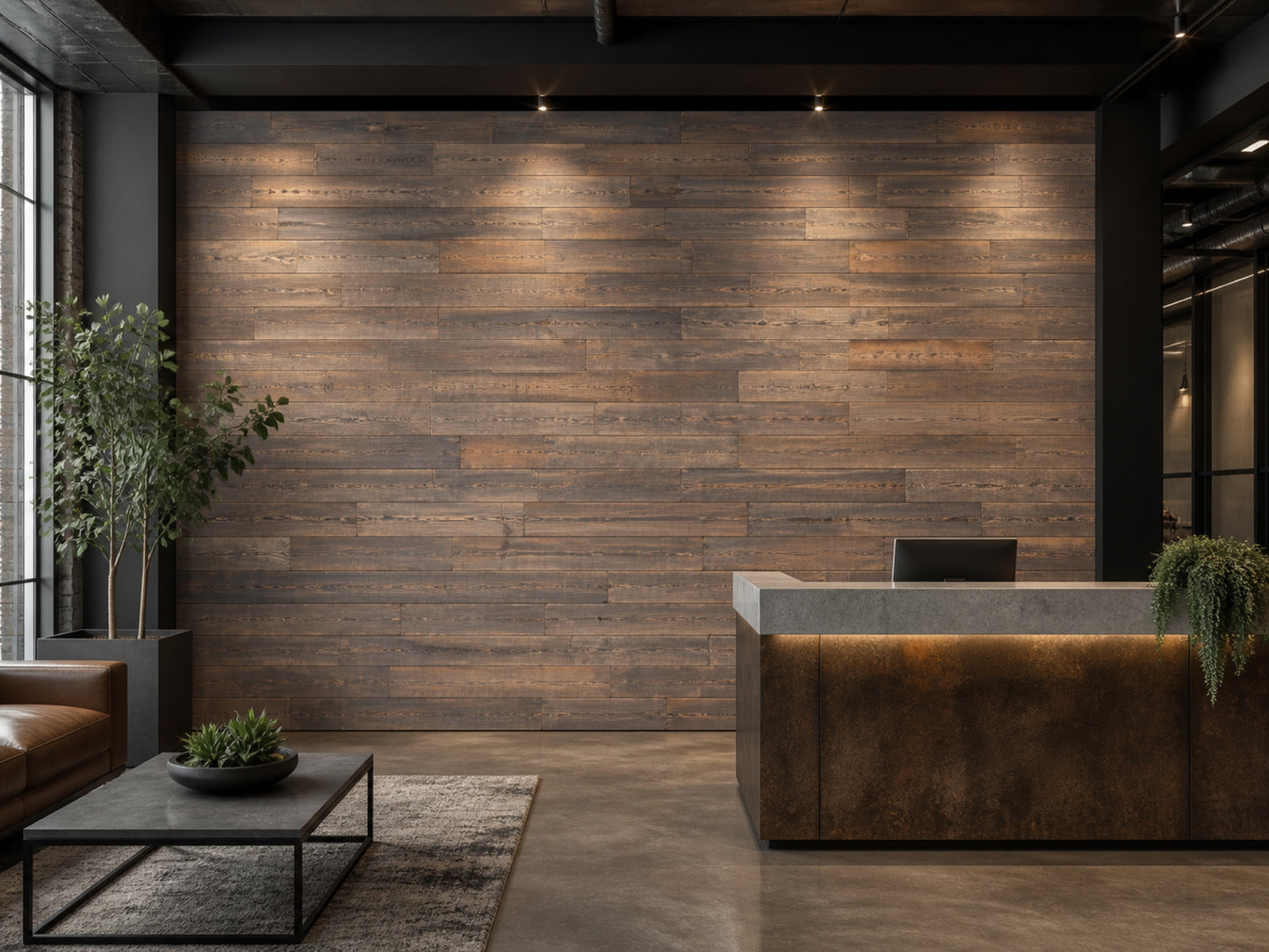 Umber reclaimed redwood wall planks installed in an office