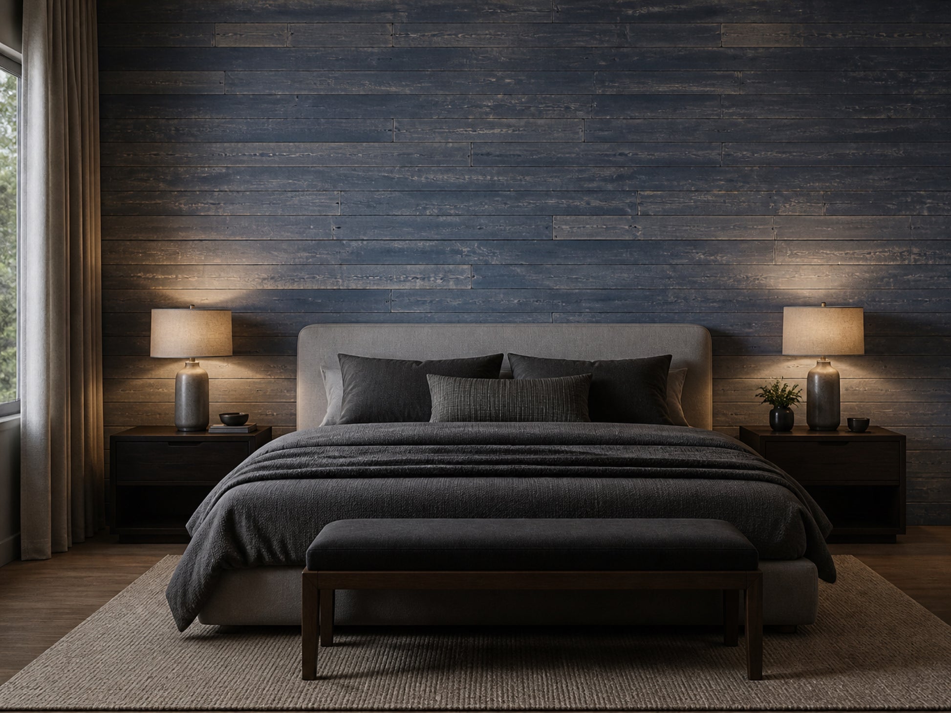 Black reclaimed redwood wall planks installed in a bedroom