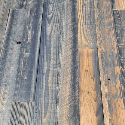 Black finish reclaimed redwood planks showing board to board color variation across a full layout