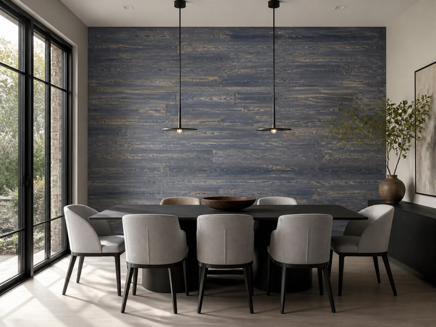 Black reclaimed redwood wall planks installed in a dining room