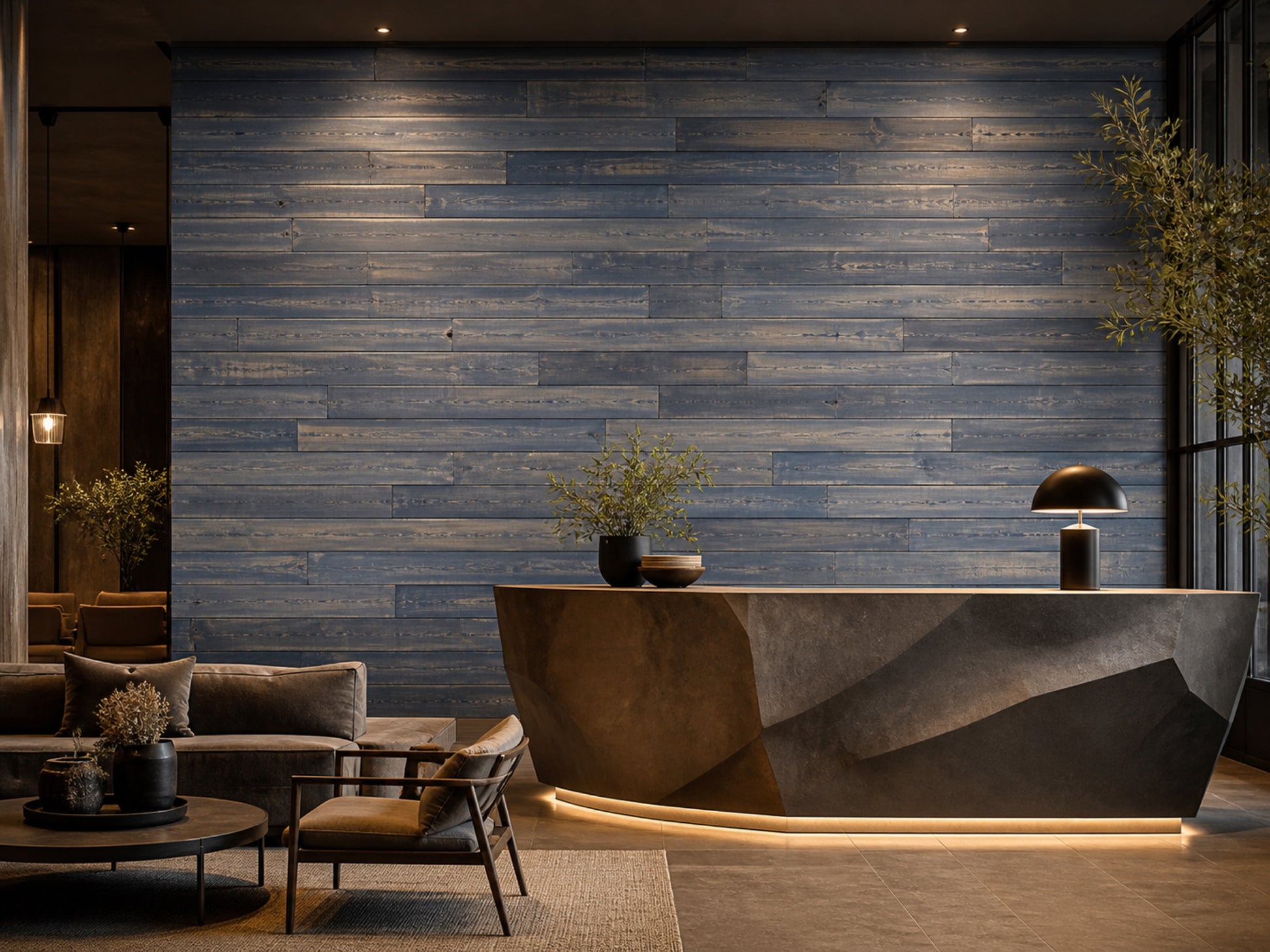 Black reclaimed redwood wall planks installed in a hotel interior