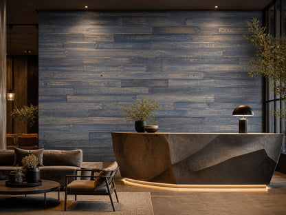 Black reclaimed redwood wall planks installed in a hotel interior