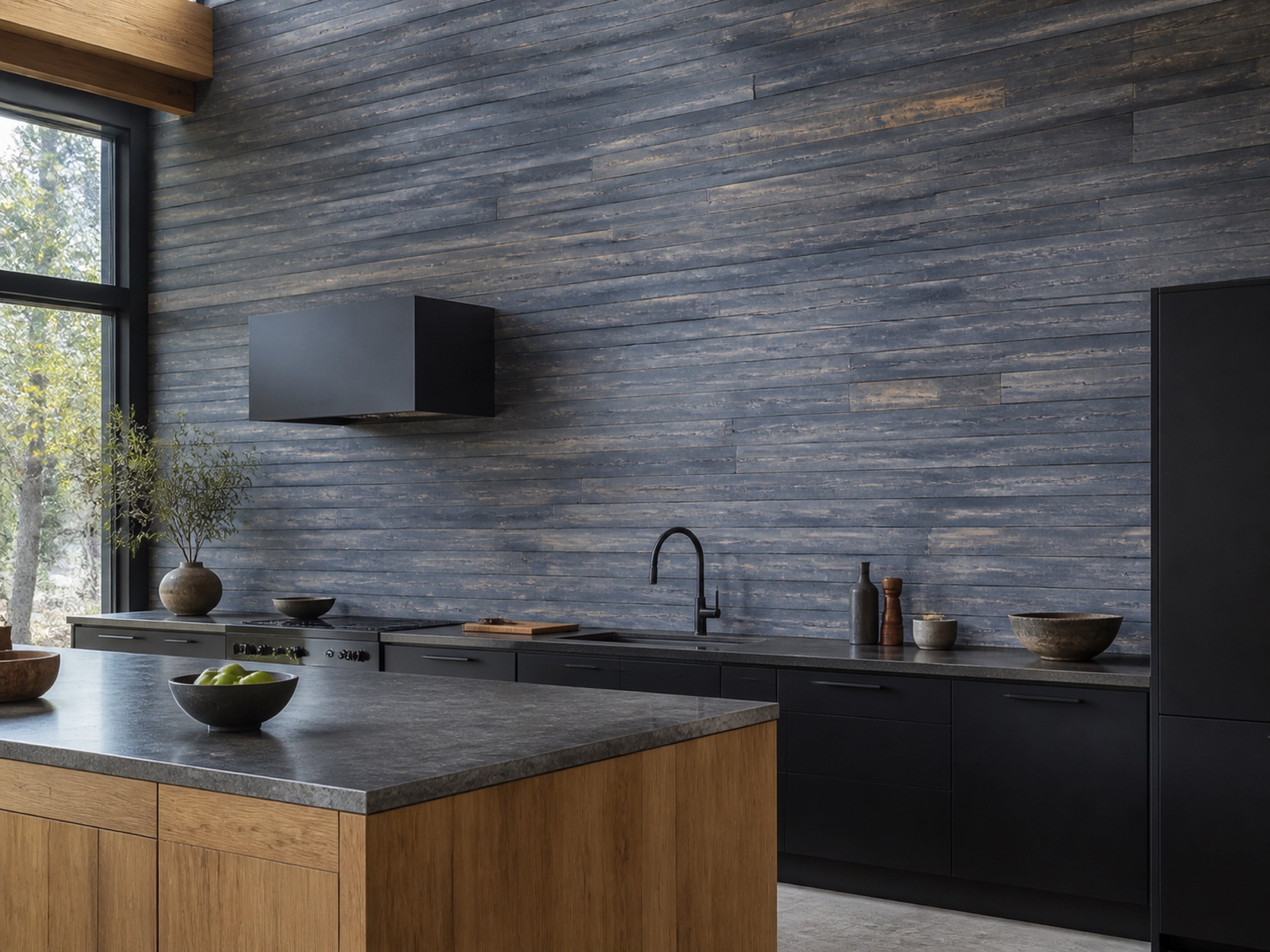 Black reclaimed redwood wall planks installed in a kitchen