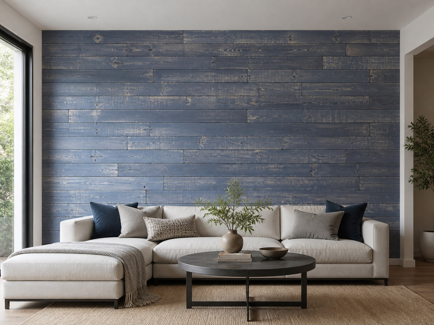 Black reclaimed redwood wall planks installed in a living room