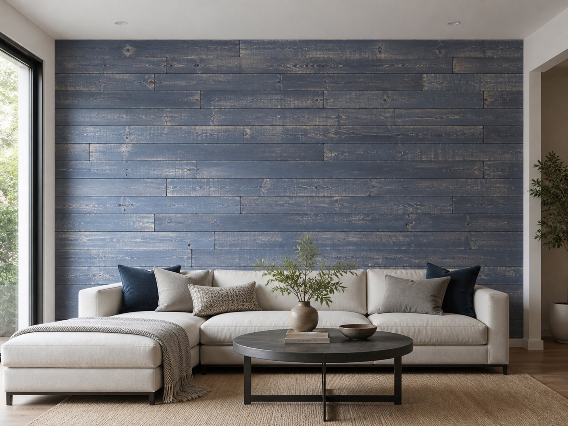 Black reclaimed redwood wall planks installed in a living room