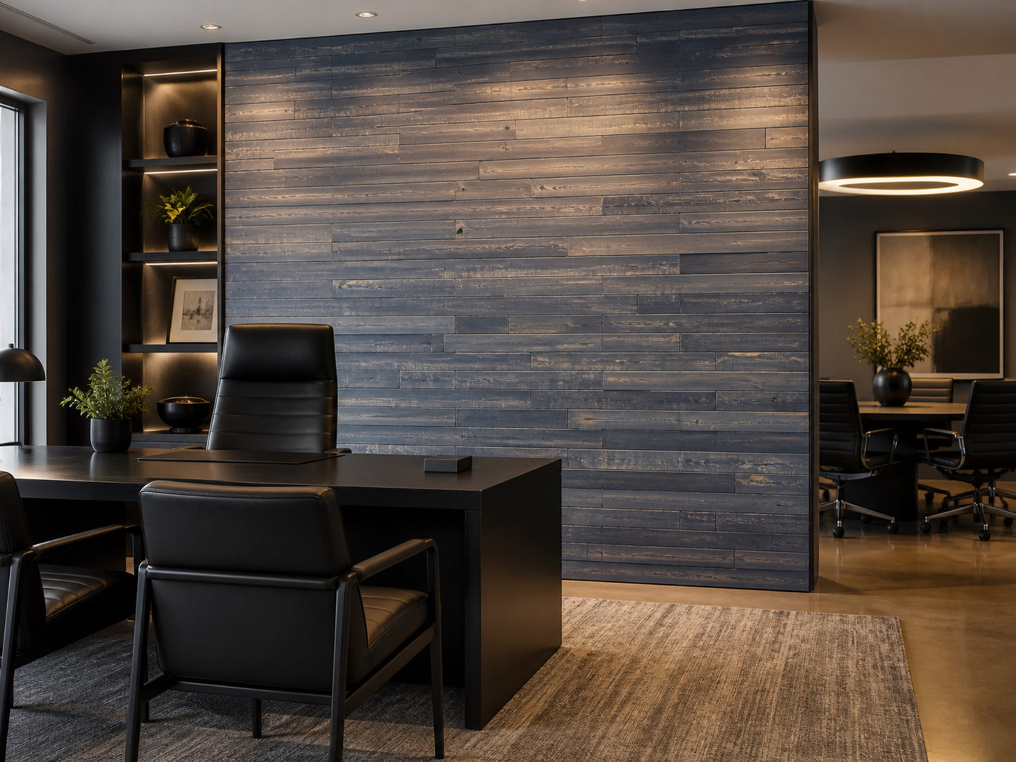Black reclaimed redwood wall planks installed in an office