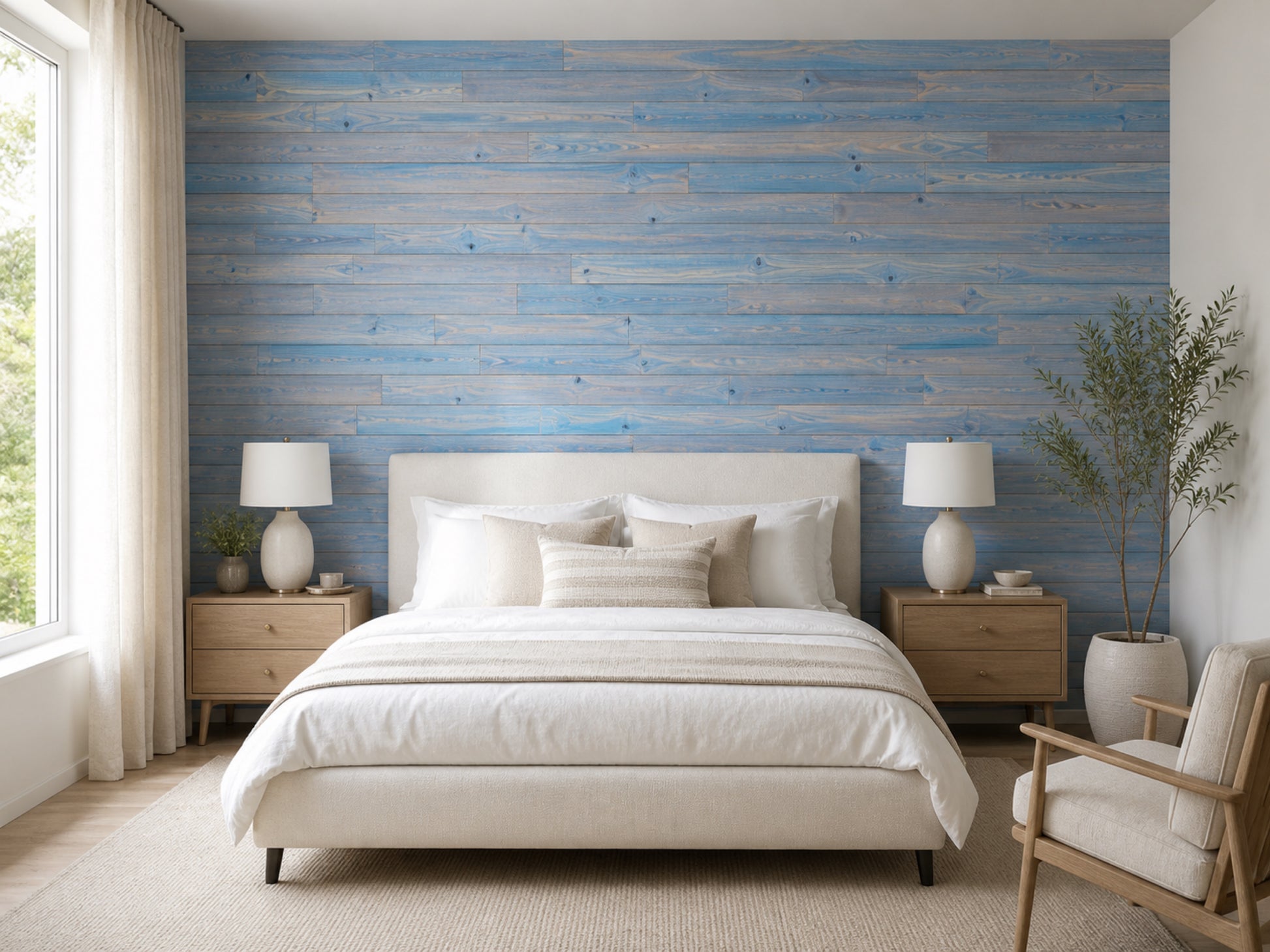 Blue reclaimed redwood wall planks installed in a bedroom