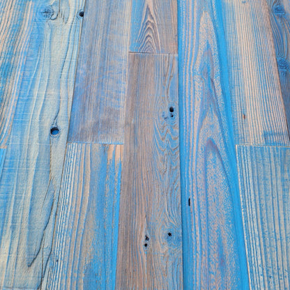 Blue finish reclaimed redwood showing board to board colour variation across a full layout