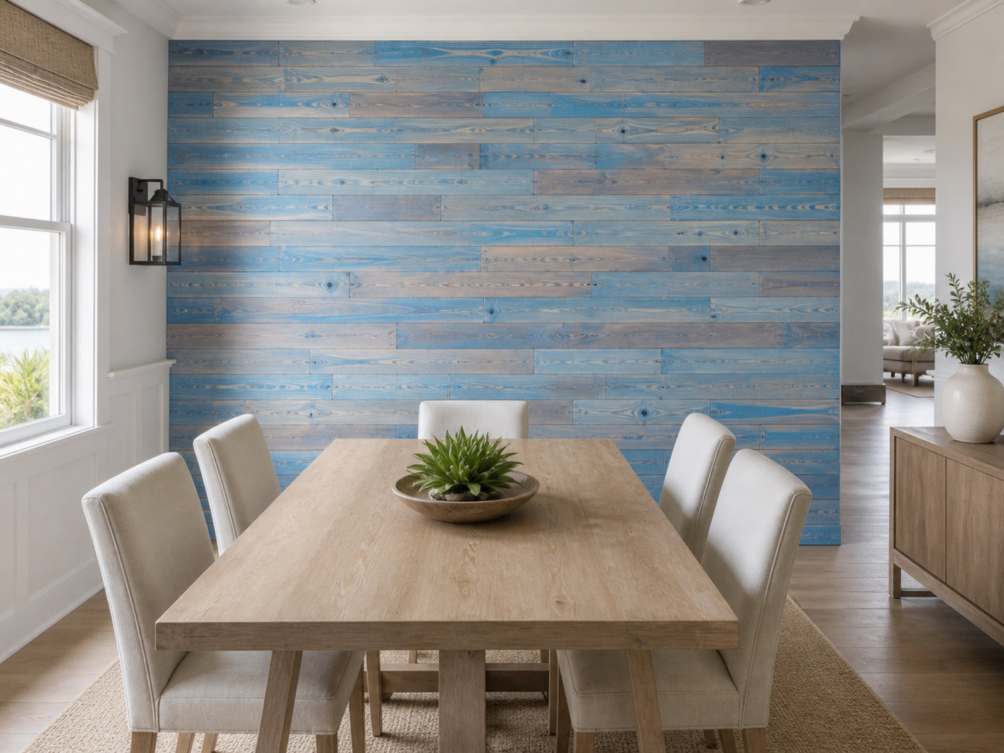 Blue reclaimed redwood wall planks installed in a dining room