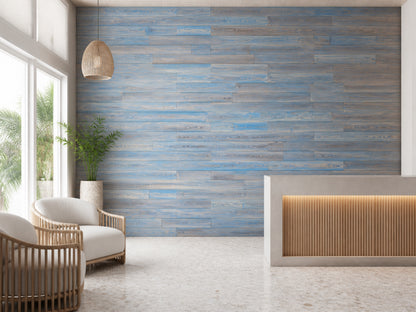 Blue reclaimed redwood wall planks installed in a hotel interior