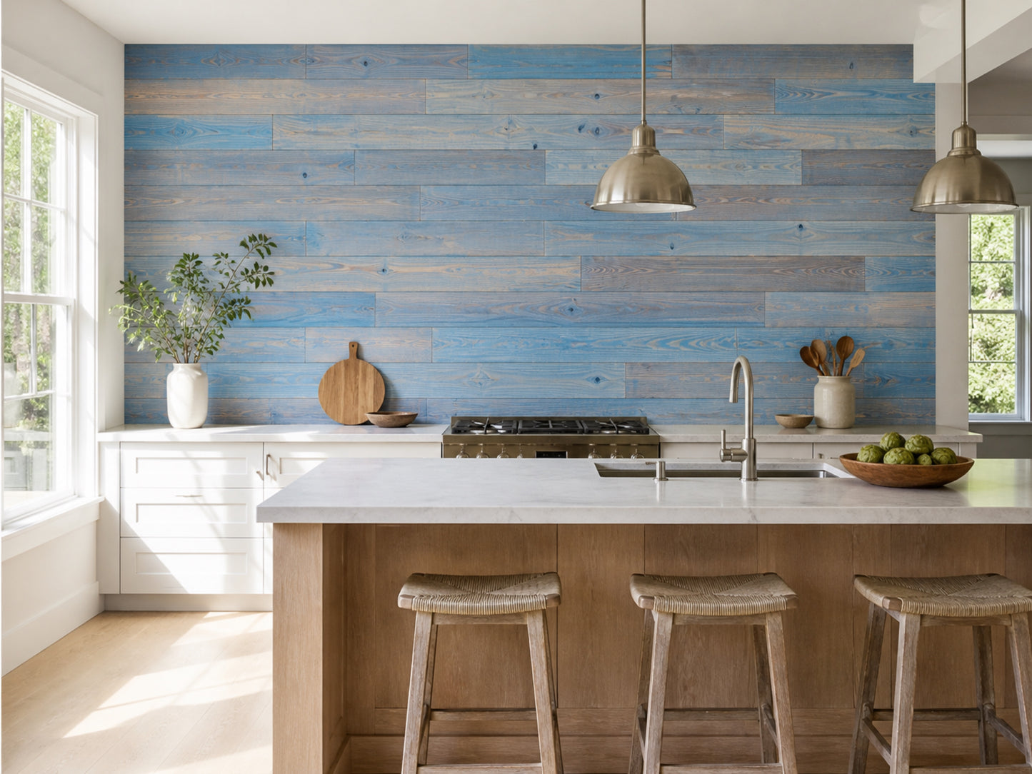 Blue reclaimed redwood wall planks installed in a kitchen