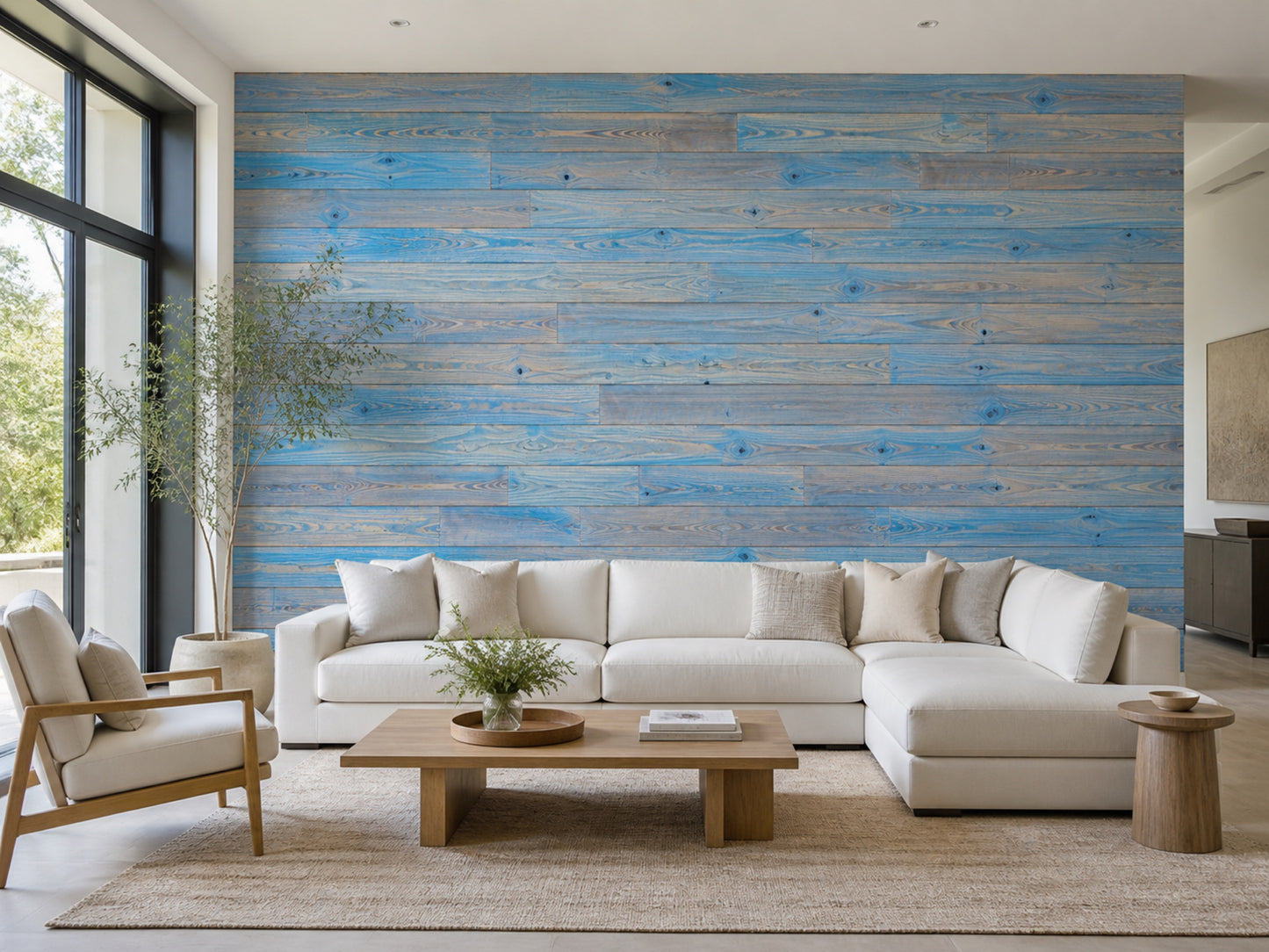Blue reclaimed redwood wall planks installed in a living room