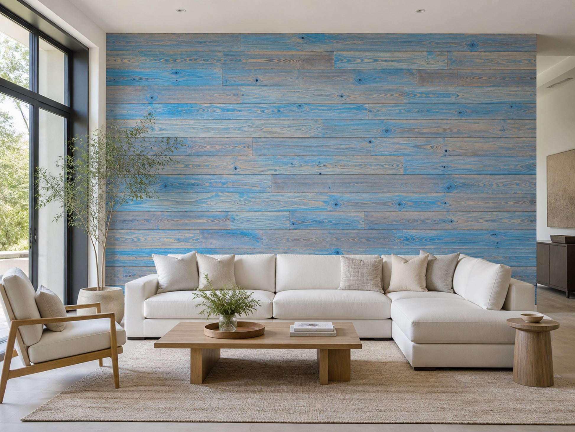 Blue reclaimed redwood wall planks installed in a living room