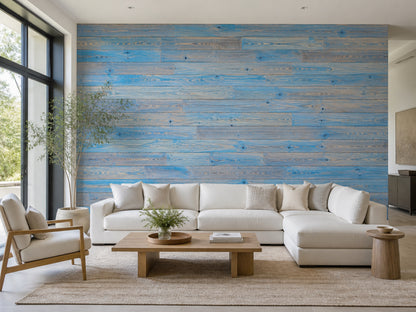 Blue reclaimed redwood wall planks installed in a living room