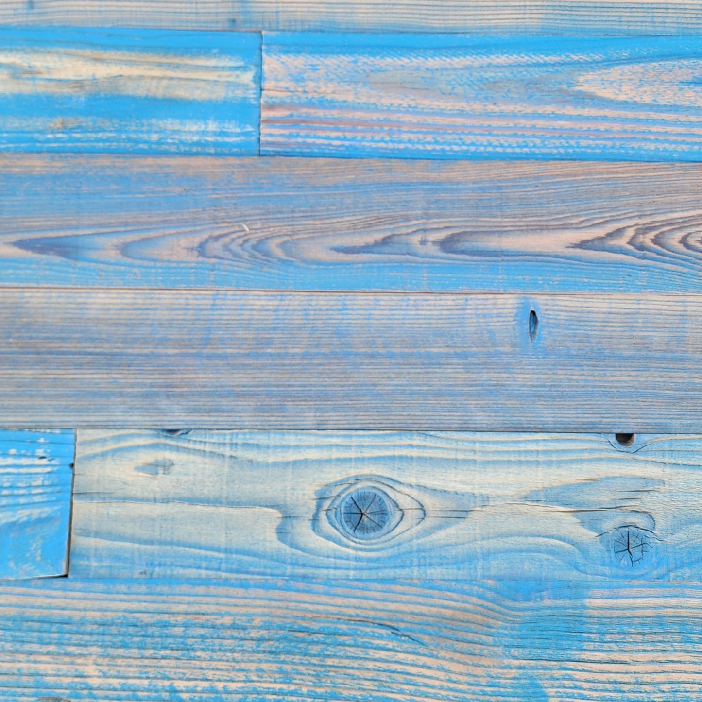 Blue finish reclaimed redwood planks, flat overhead plan view