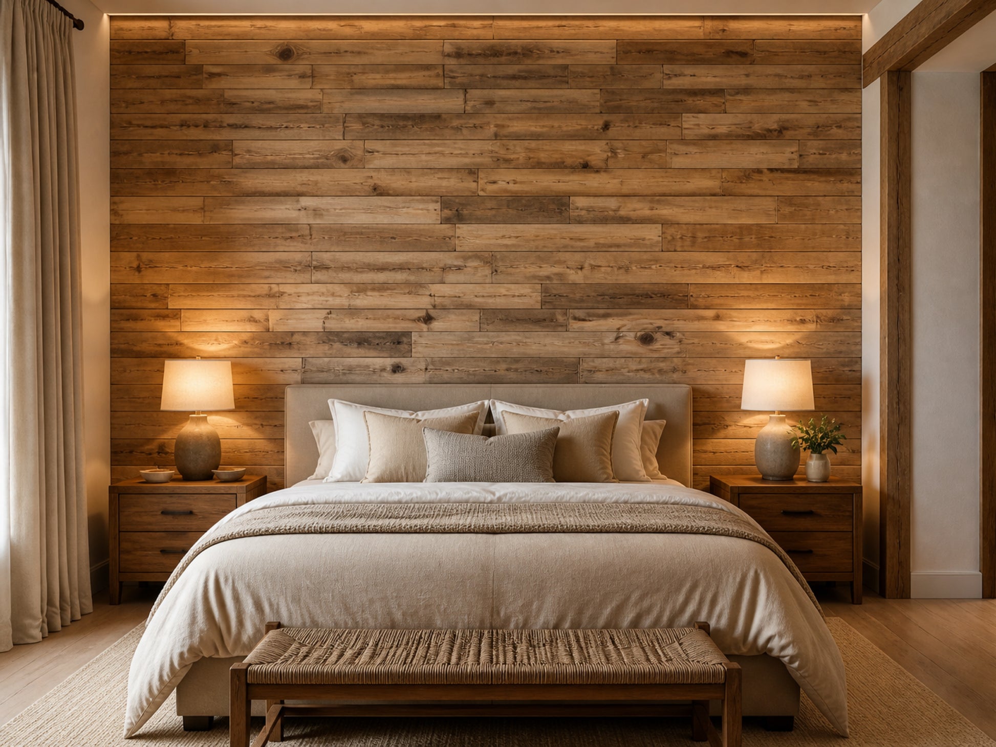 Brushed brown reclaimed redwood wall planks installed in a bedroom