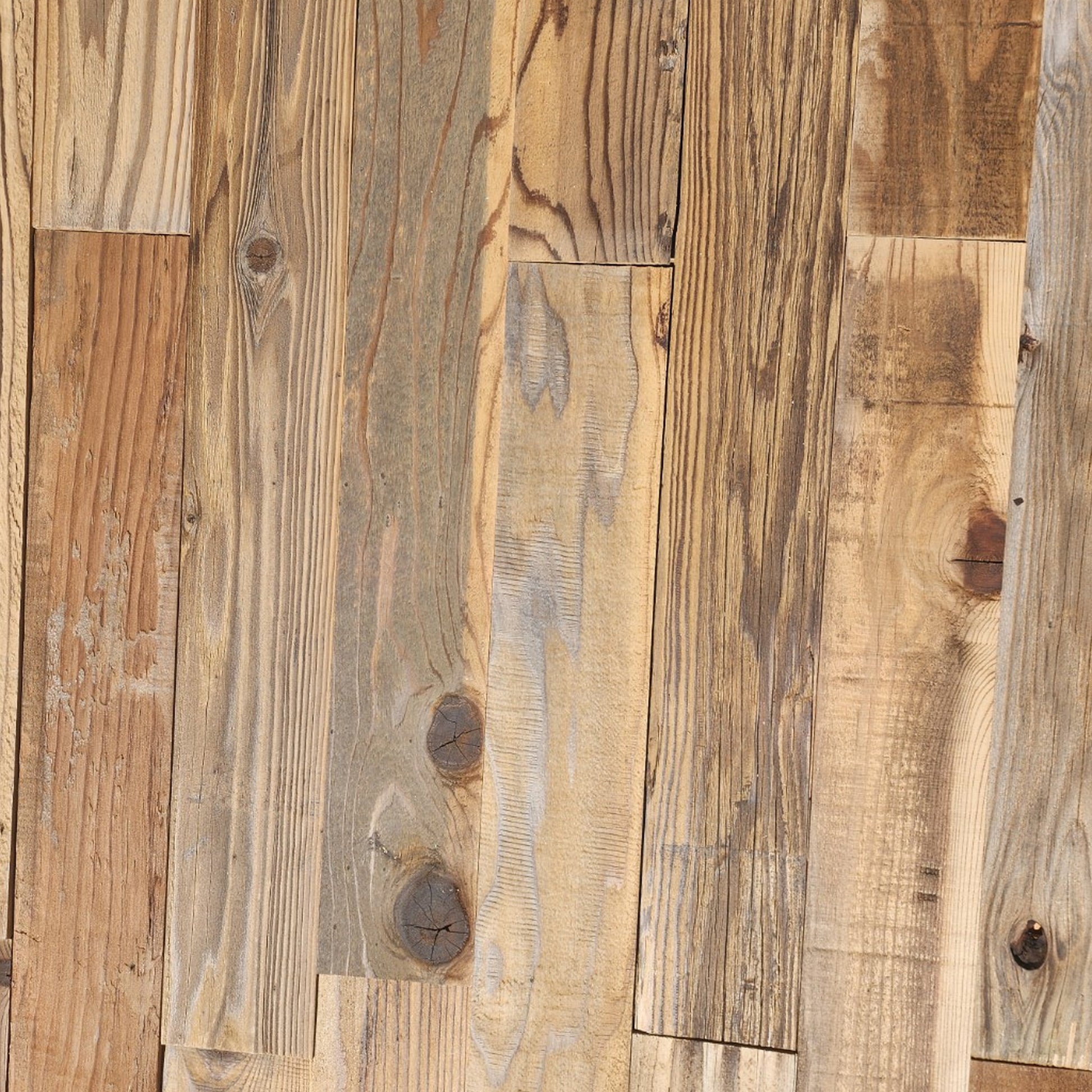 Brushed brown reclaimed redwood showing board tones from pale honey to deep chestnut