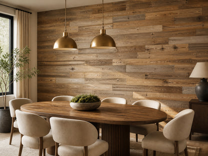 Brushed brown reclaimed redwood wall planks installed in a dining room