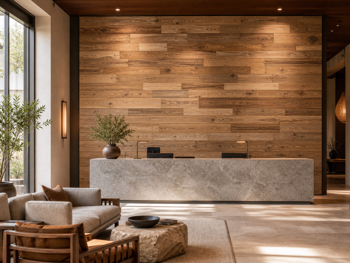Brushed brown reclaimed redwood wall planks installed in a hotel interior