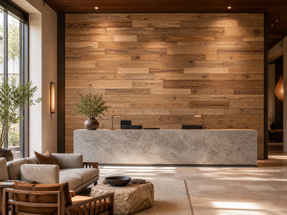 Brushed brown reclaimed redwood wall planks installed in a hotel interior
