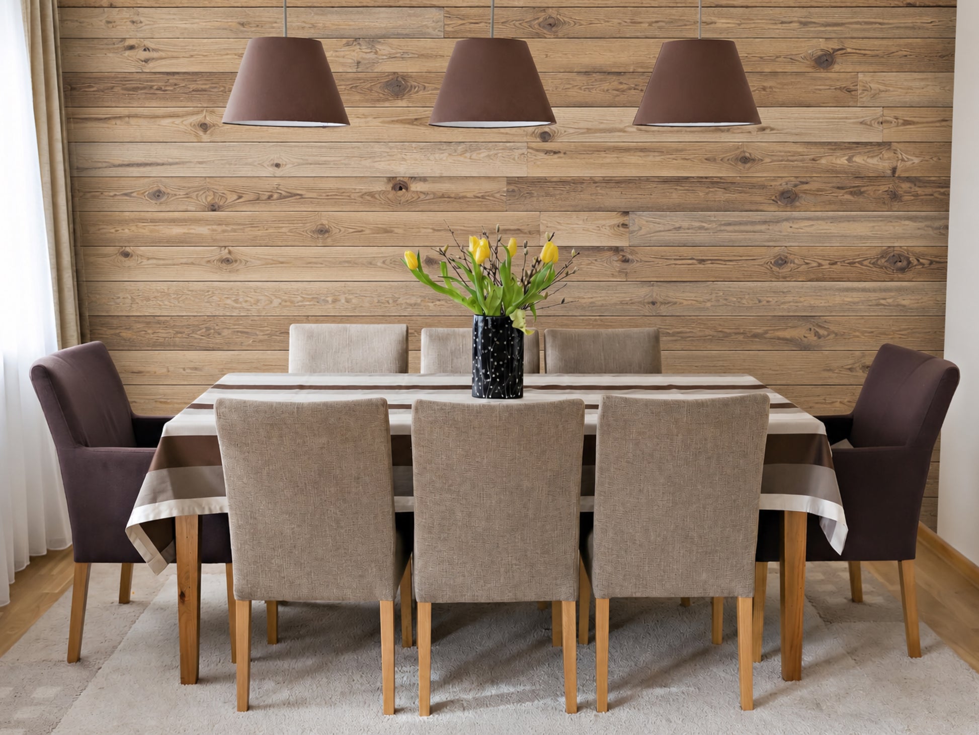 Brushed brown reclaimed redwood wall planks installed as an interior accent wall