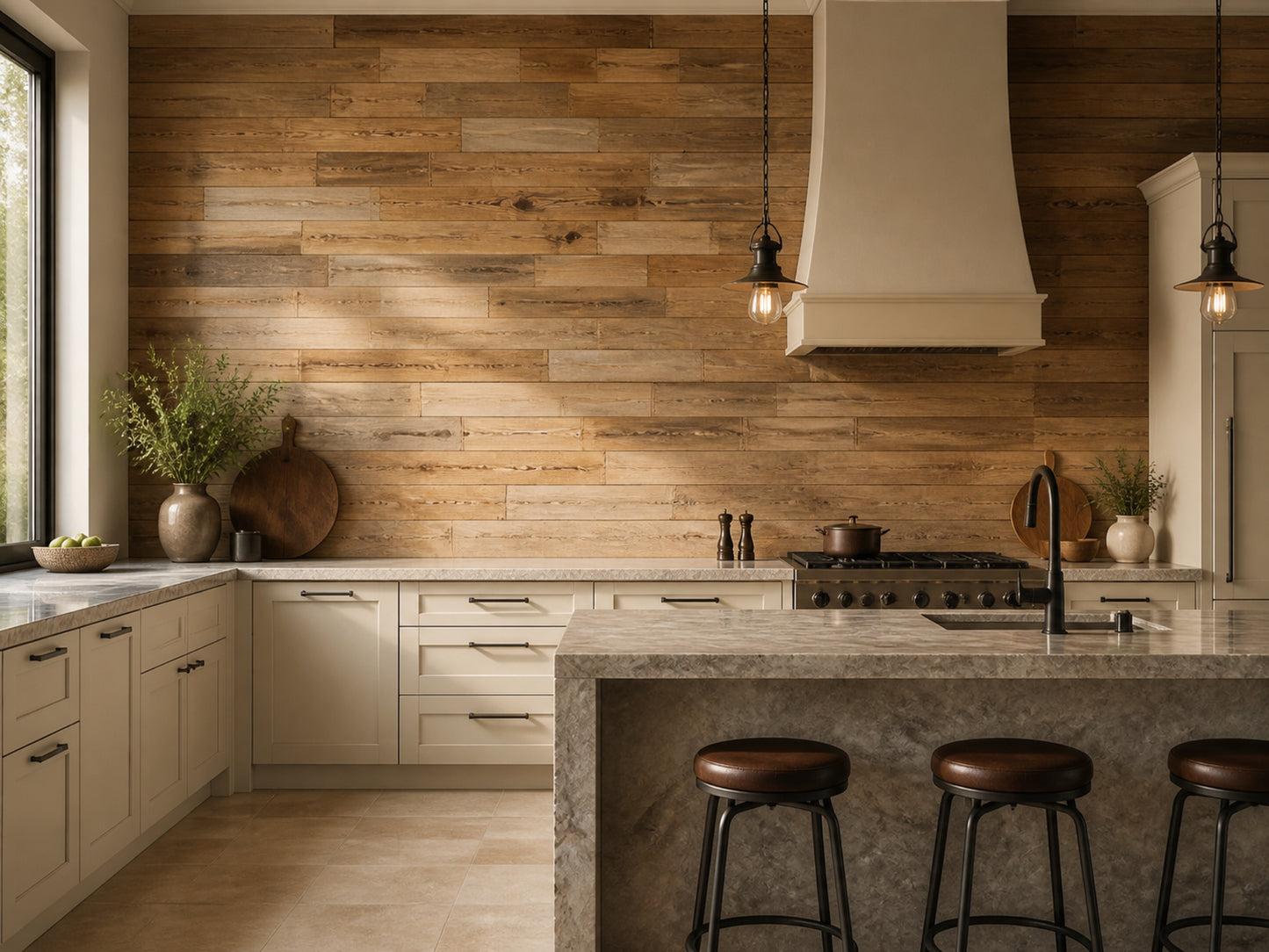 Brushed brown reclaimed redwood wall planks installed in a kitchen