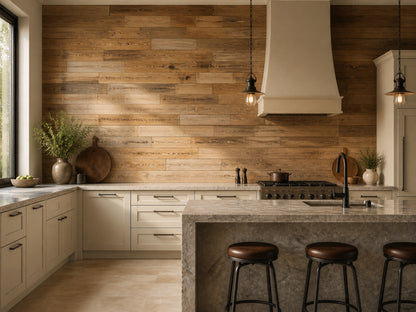 Brushed brown reclaimed redwood wall planks installed in a kitchen