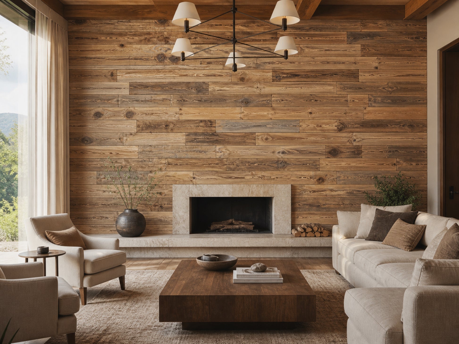 Brushed brown reclaimed redwood wall planks installed in a living room