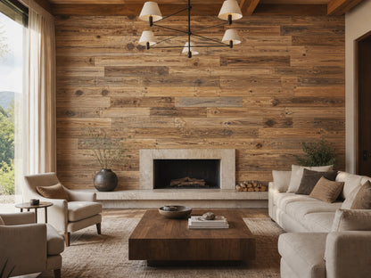 Brushed brown reclaimed redwood wall planks installed in a living room