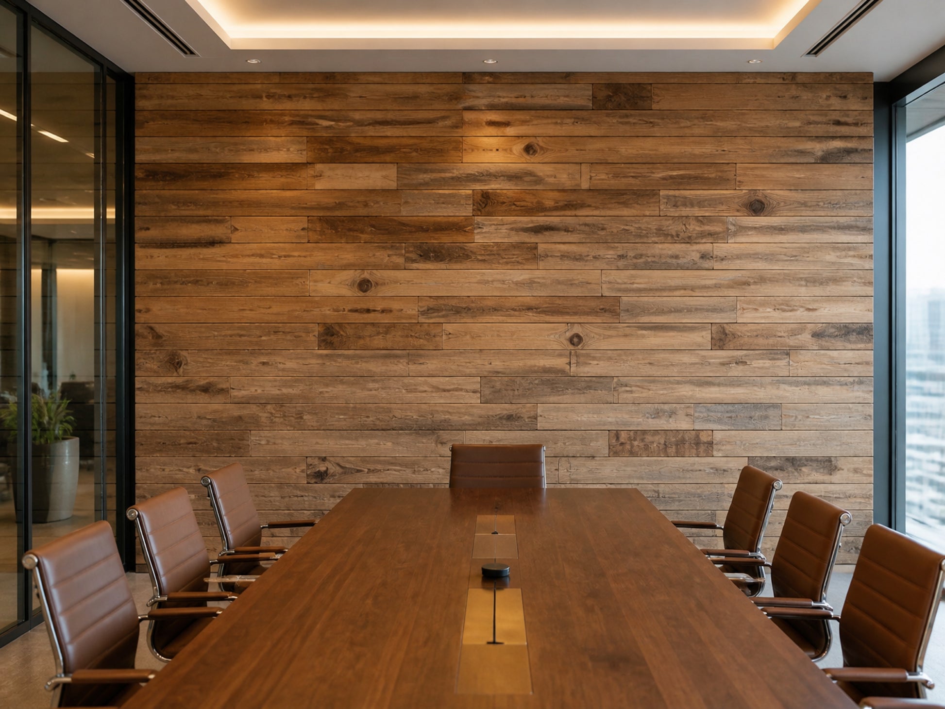 Brushed brown reclaimed redwood wall planks installed in an office