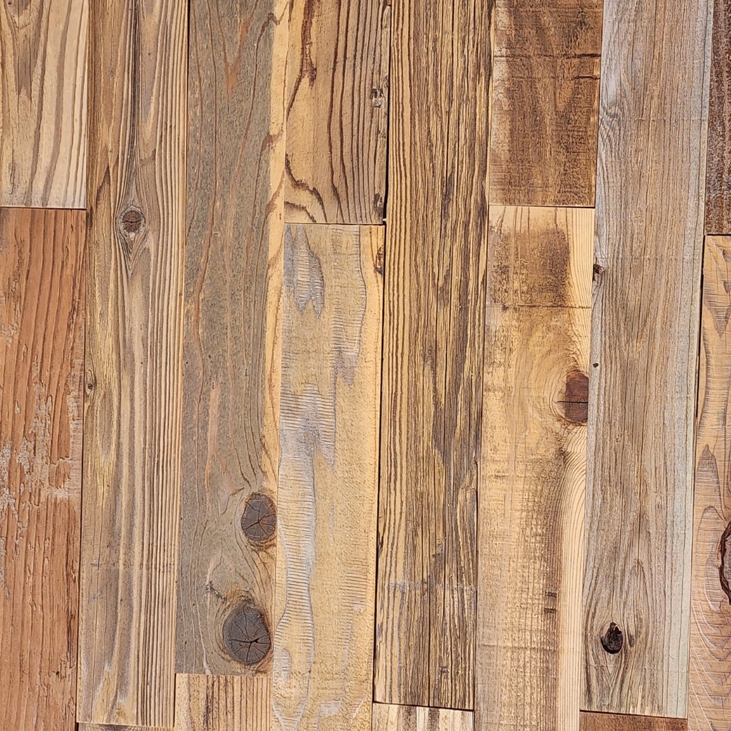 Brushed brown reclaimed redwood planks, flat overhead plan view