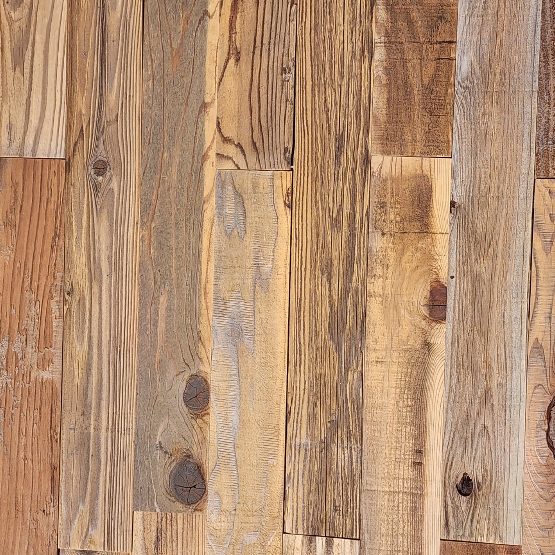 Brushed brown reclaimed redwood planks, flat overhead plan view