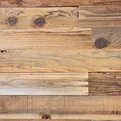 Brushed brown finish reclaimed redwood S3S wall planks laid flat, wire brushed raised grain
