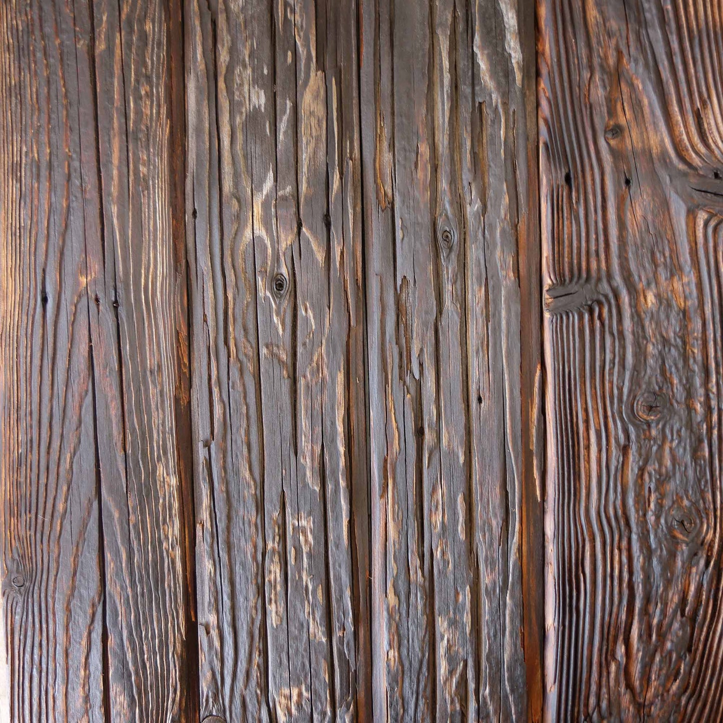 Close detail of mushroom wood texture with nail holes and rust staining
