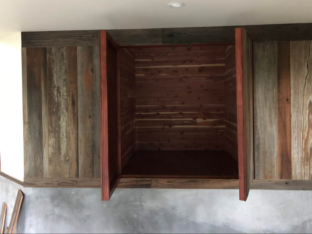 Fresh Natural reclaimed redwood cabinets installed by a customer
