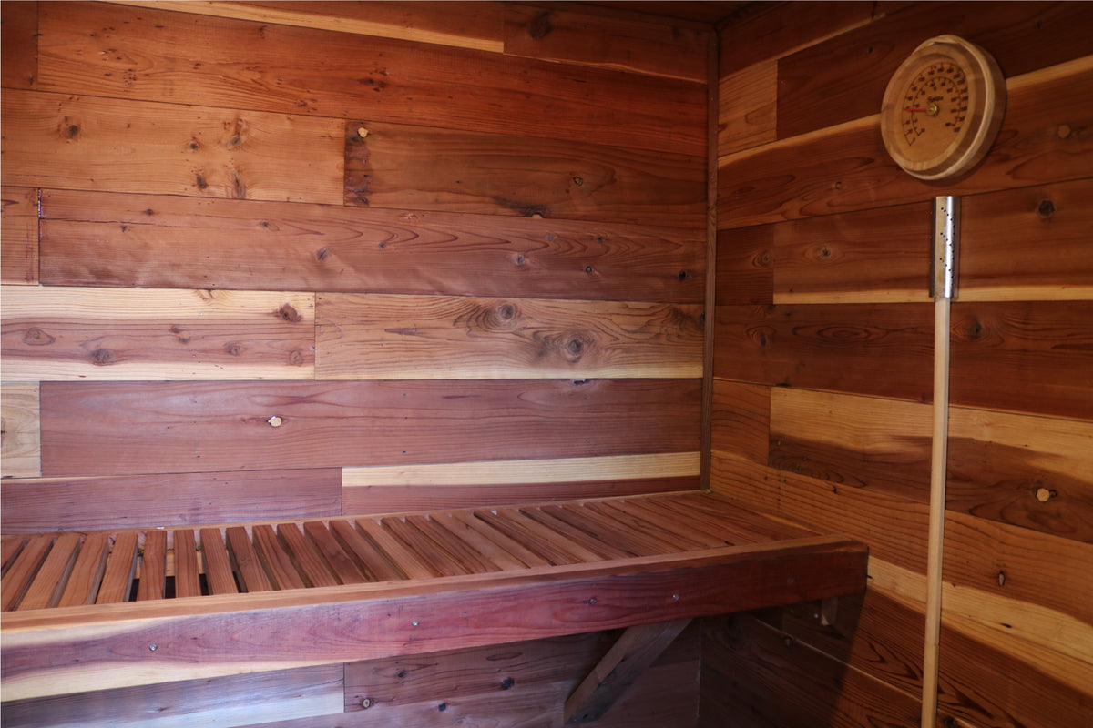 Fresh Natural reclaimed redwood sauna interior, bench and wall paneling