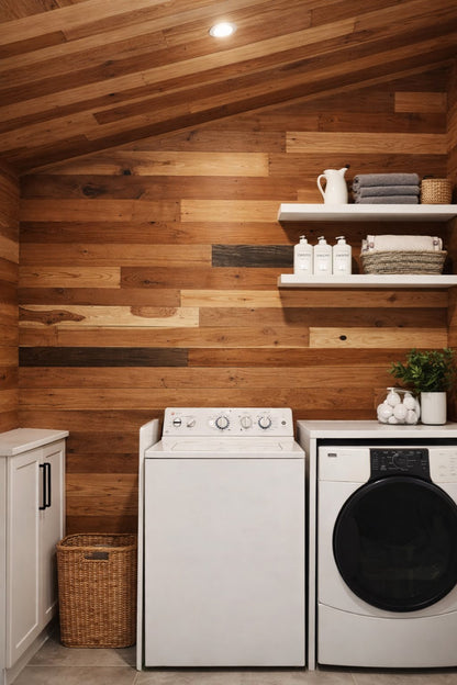 Fresh Natural reclaimed redwood paneling installed in a laundry room