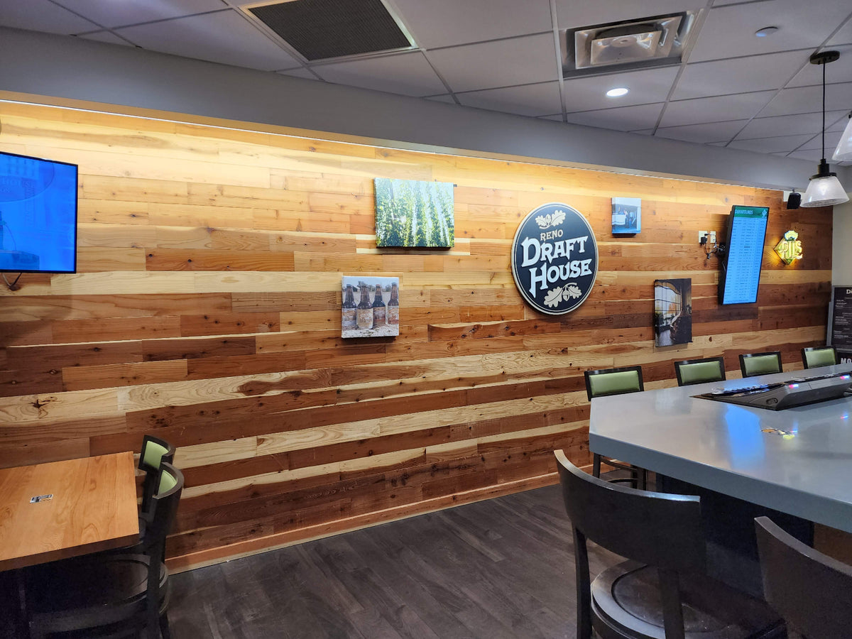 Fresh Natural reclaimed redwood wall at the Reno draft house, three quarter angle
