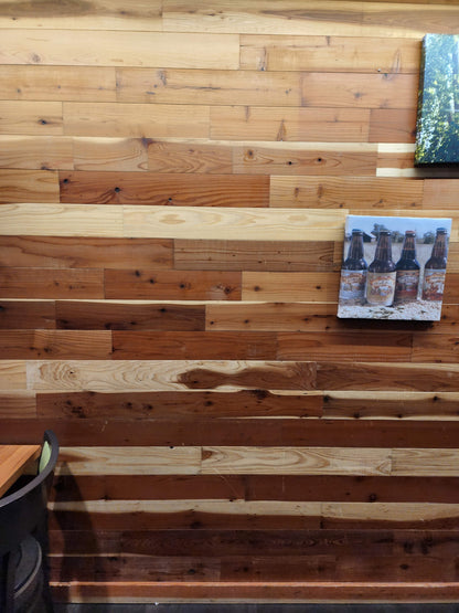 Fresh Natural reclaimed redwood wall at the Reno draft house, straight on