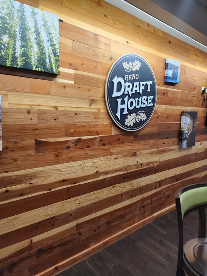Fresh Natural reclaimed redwood paneling installed at the Reno draft house