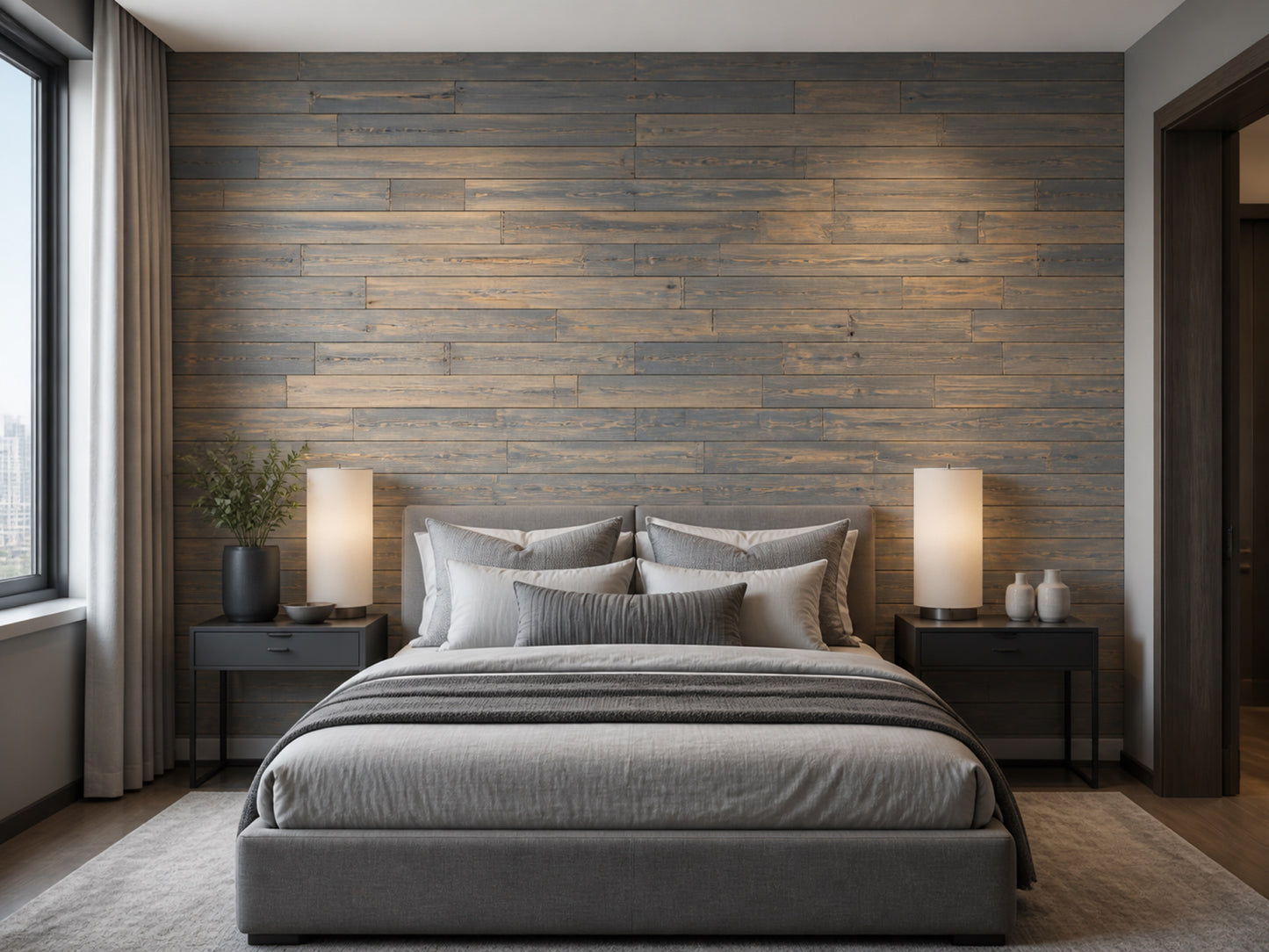 Grey reclaimed redwood wall planks installed in a bedroom