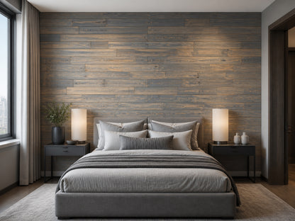 Grey reclaimed redwood wall planks installed in a bedroom
