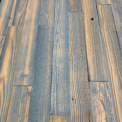 Grey finish reclaimed redwood showing cool grey and warm honey boards across a full layout