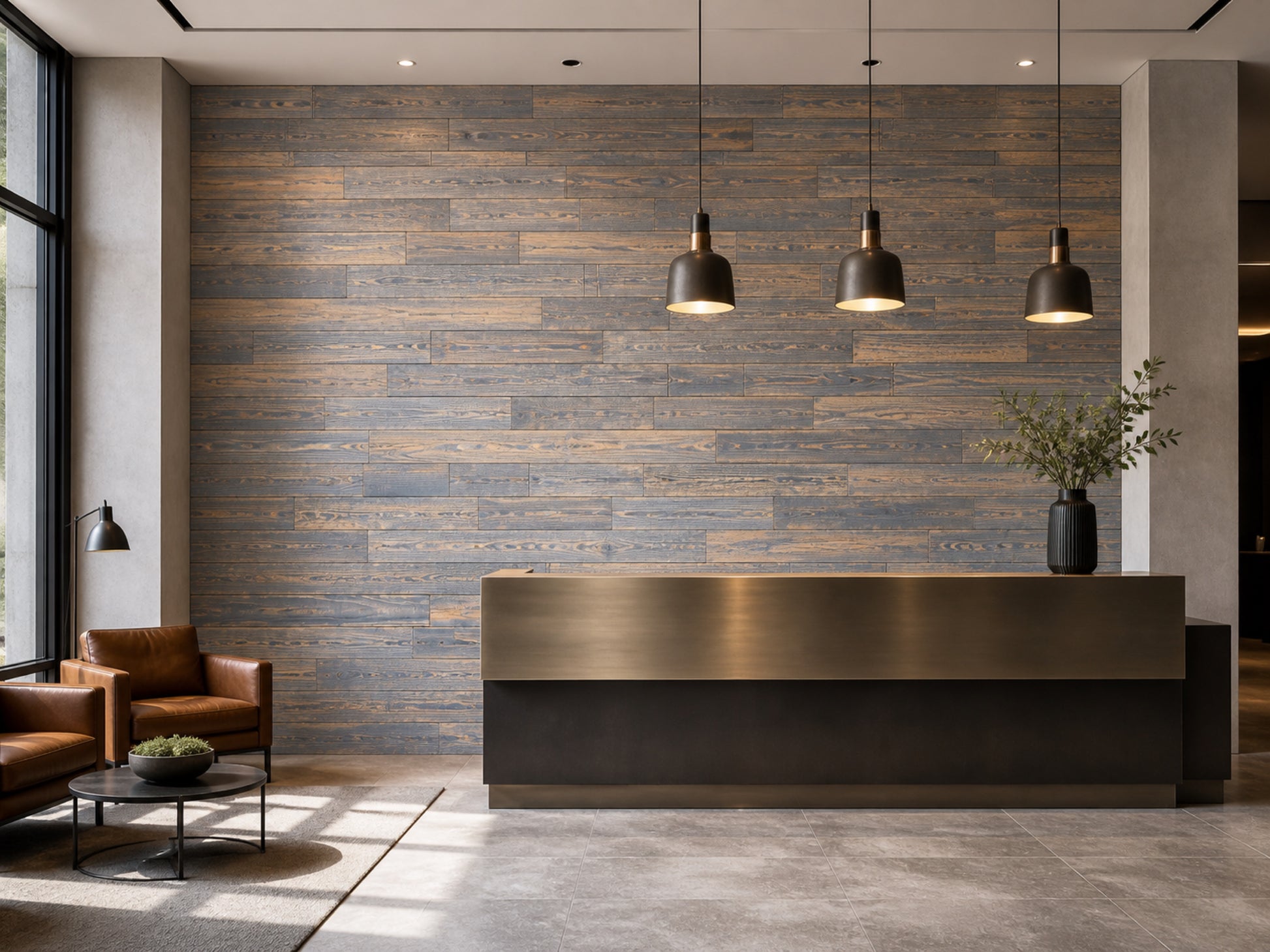 Grey reclaimed redwood wall planks installed in a hotel interior