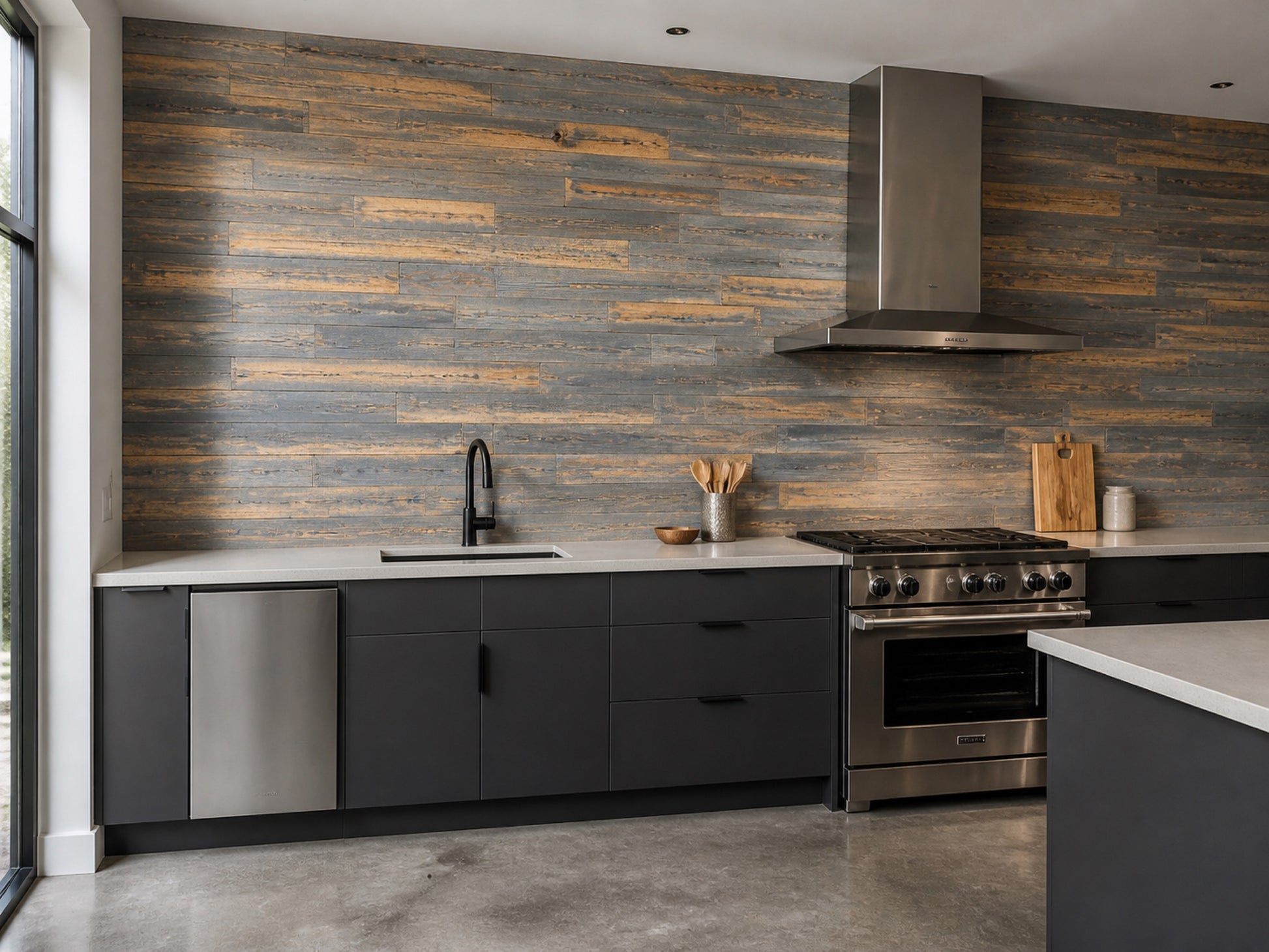 Grey reclaimed redwood wall planks installed in a kitchen
