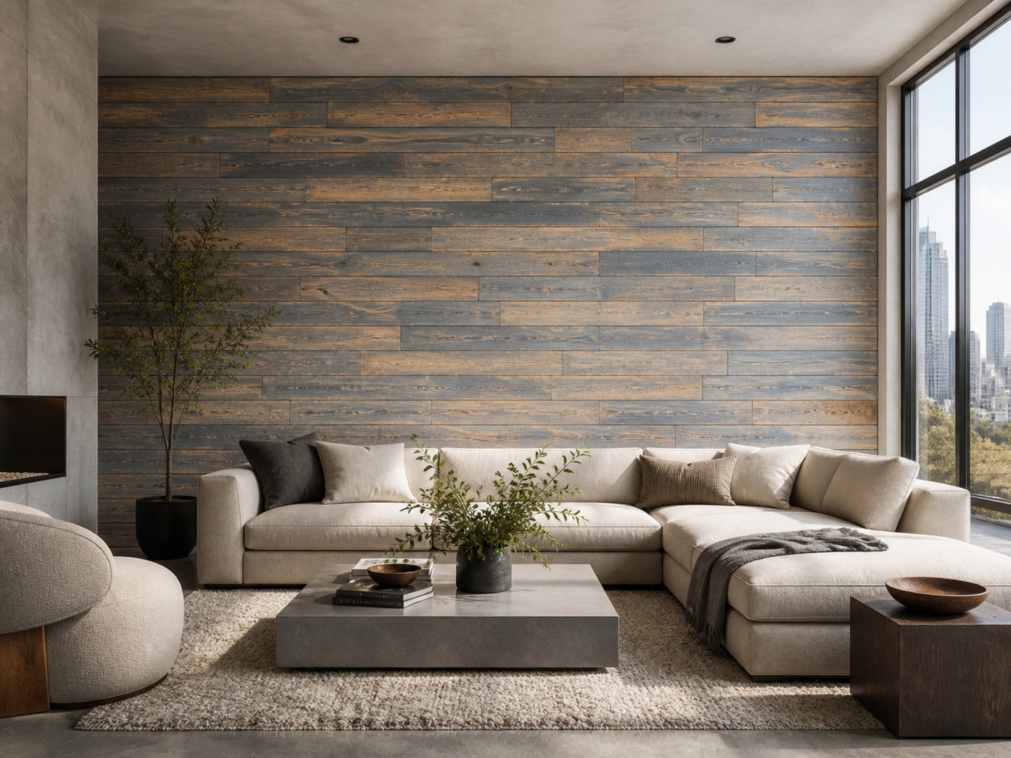 Grey reclaimed redwood wall planks installed in a living room