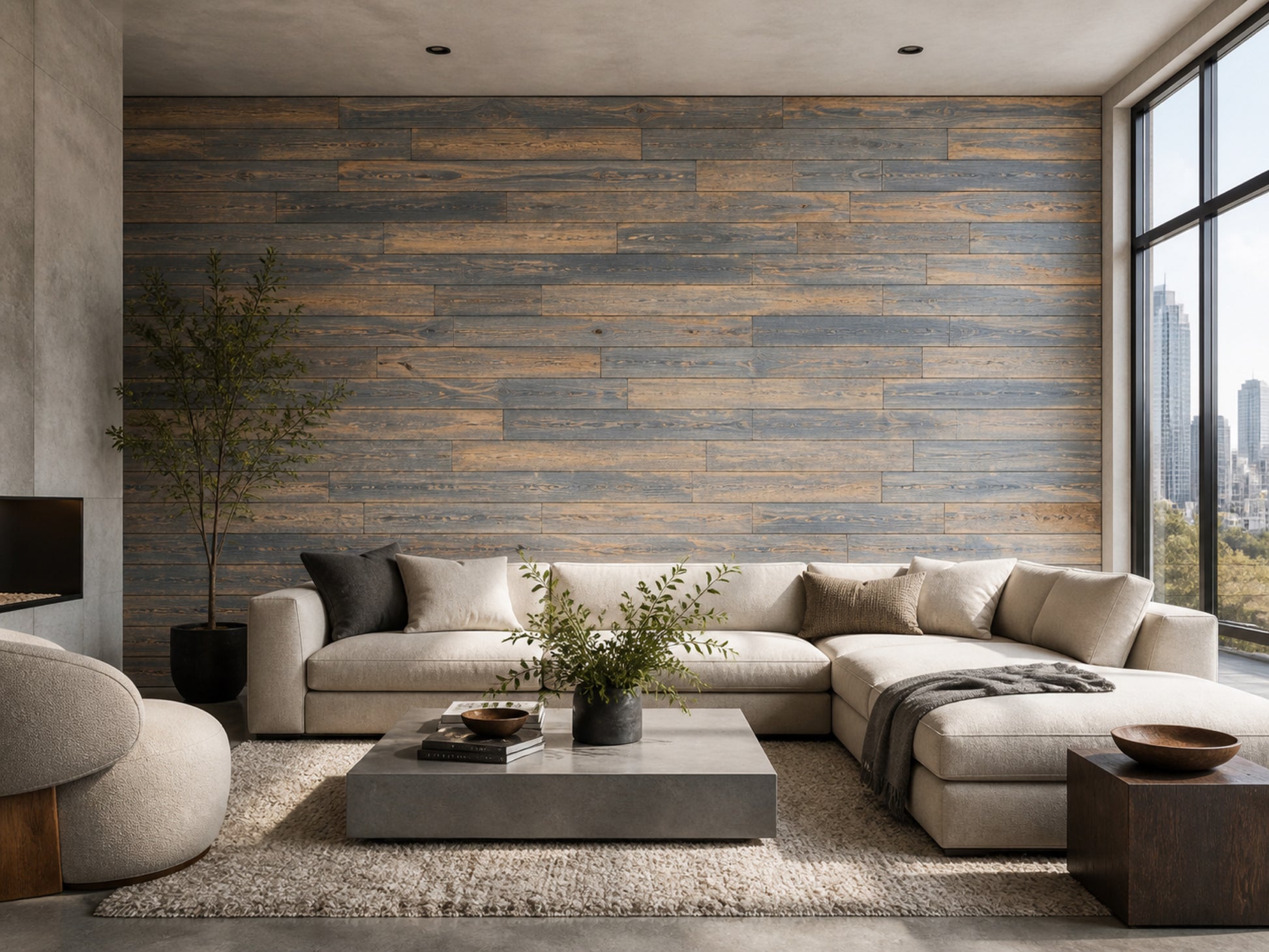 Grey reclaimed redwood wall planks installed in a living room