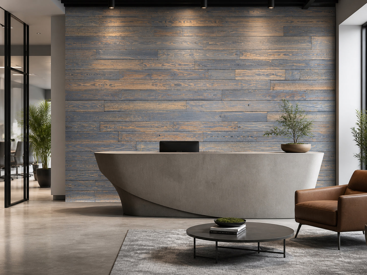 Grey reclaimed redwood wall planks installed in an office