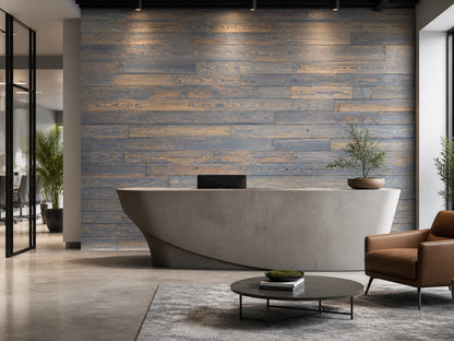 Grey reclaimed redwood wall planks installed in an office